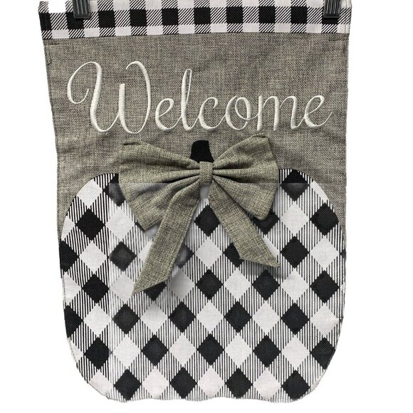Pumpkin Burlap Fall Flag Autumn Welcome Sign Checkered Double Side Black White - Picture 2 of 7